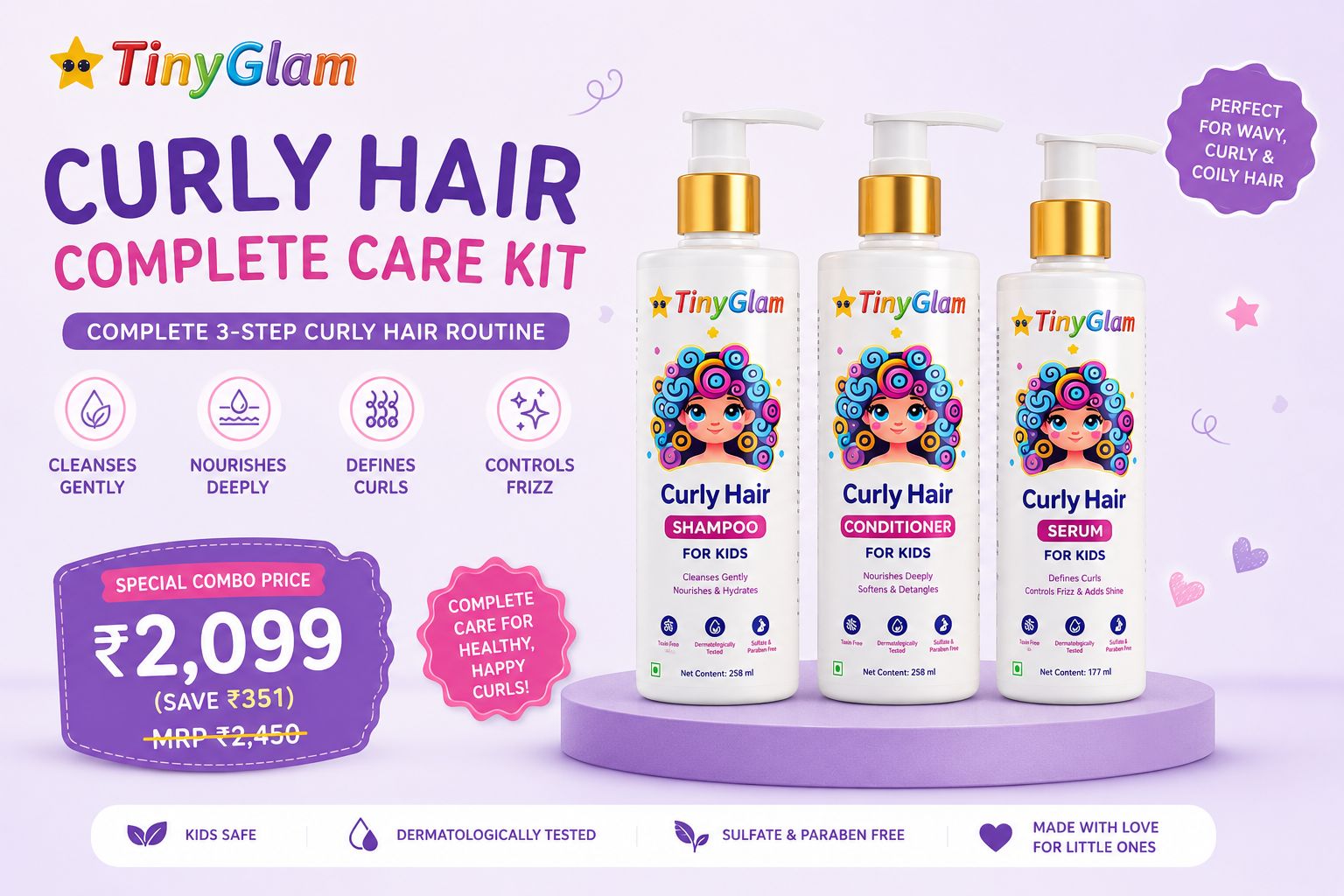 TinyGlam Curly Hair Complete Care Kit | Shampoo, Conditioner & Serum Combo ₹2,099